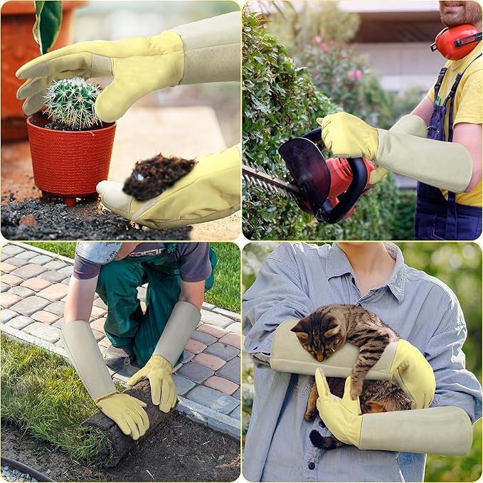 HANDLANDY Pruning Gloves Long for Men & Women, Rose Thorn Proof Gardening Gloves- Gardening Gifts for Gardeners (Beige- goatskin, Small (Pack of 1))