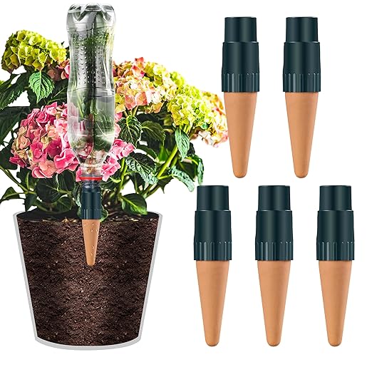 Bottle Adapter Self Watering Spikes Stakes, Vacation Plant Watering Devices, Slow Release Self Watering Planter Insert, Terracotta Drip Irrigation System, Automatic Plant Waterer, 5 Pack