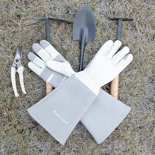HLDD HANDLANDY Gardening Gloves for Women & Men, Leather Long Sleeve Rose Pruning Gloves, Thorn Proof Garden Work Gauntlet Animal Handling Gloves (Large, Gray)
