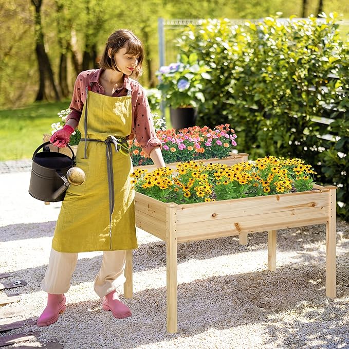 4 Feet Outdoor Wooden Raised Garden Bed Planter Box Kit for Vegetable and Fruit Growing, Patio or Balcony Gardening, Natural