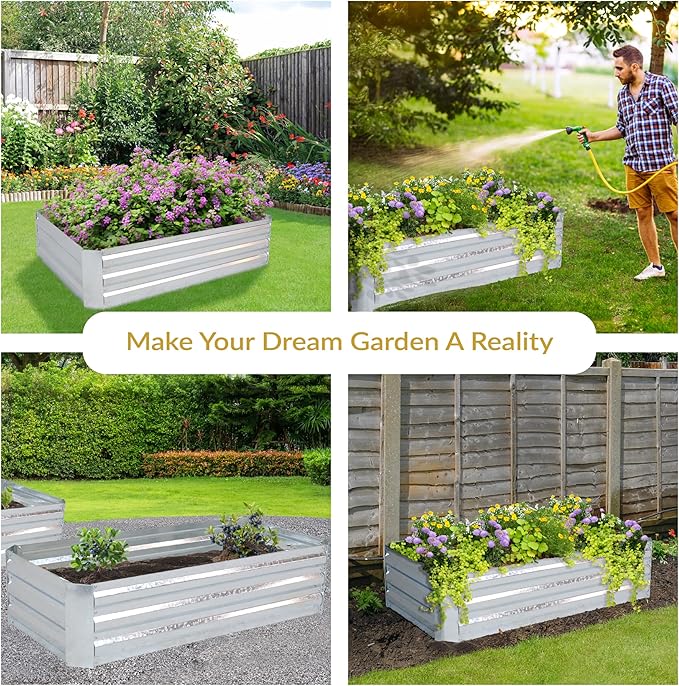 Sunnydaze 11.75" H Raised Metal Garden Bed - Galvanized Raised Garden Bed Outdoor for Vegetables and Flowers - Woodgrain - 4' x 2' Silver