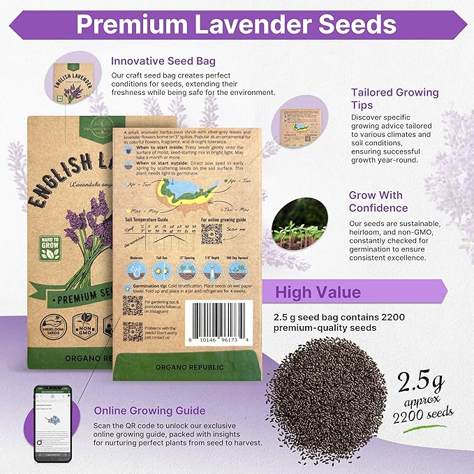 English Lavender Seeds Pack 2.50G - Over 2200 Non-GMO Heirloom Lavender Seeds for Planting Herbs in Individual Seed Packet, Herbs Seeds for Planting Home Garden Indoor & Outdoor Gardening