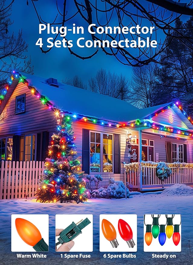 C9 LED Christmas Lights Outdoor, 150 Feet C9 String Lights with 150 Shatterproof Matte Bulbs, Connectable Waterproof Christmas Tree Lights for Holiday Roofline Backyard Garden Decor, Multicolor