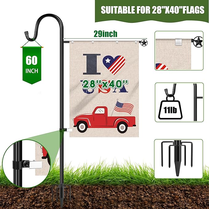 XDW-GIFTS Upgraded Garden Flag Holder Stand with Shepherd Hook for 28'' x 40'' Flags 60 in Heavy Duty Yard Flag Post Stake with 2 Spring Stoppers and 1 Clip for Outside (Without Solar Lights & Flag)