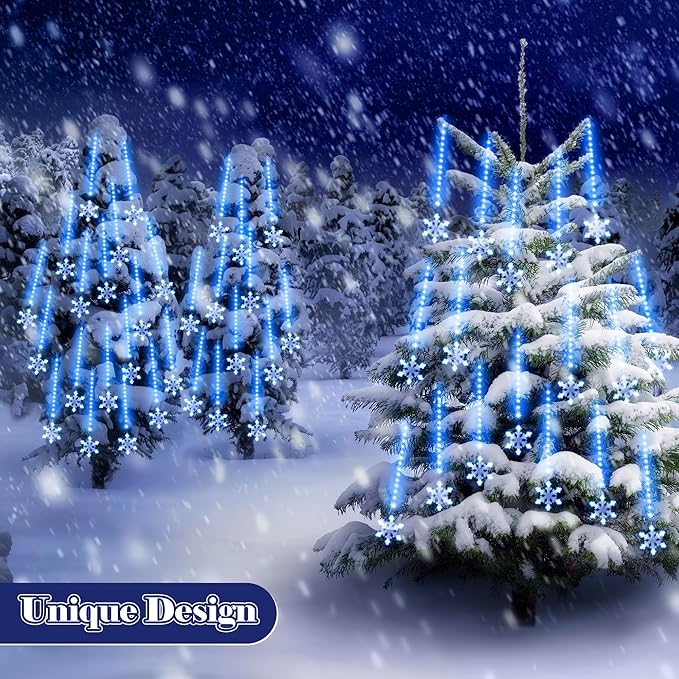 Enhon 2 Pack Meteor Shower Snowflake Lights Outdoor with Timer, Total 480 LED 12in 16 Tube Connectable Waterproof Meteor Rain Drop Christmas Light with Snowflake for Xmas Tree Roof Garden(Blue)