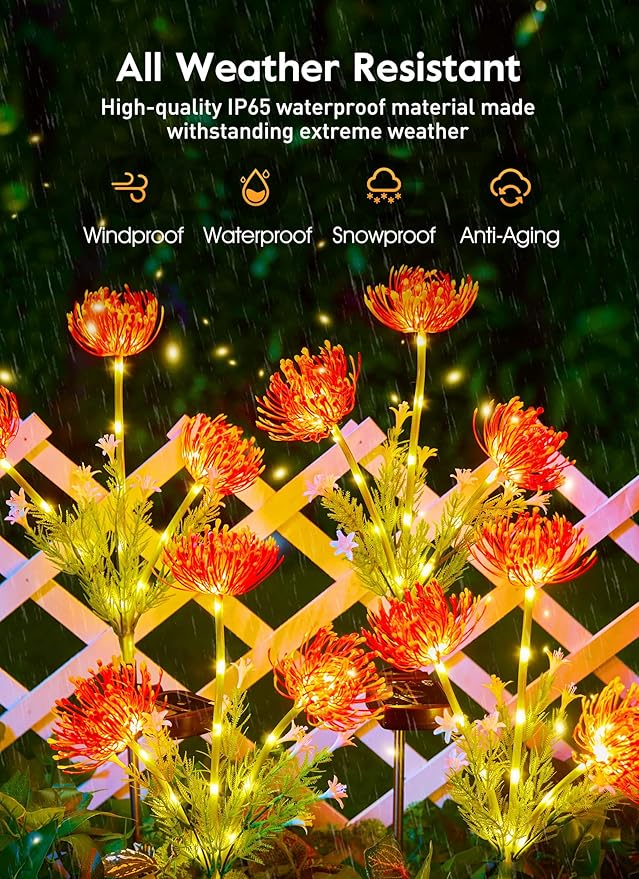 Brightown Outdoor Solar Garden Lights - 4 Pack LED Flower Lights with Glowing Flowers & Stems, Realistic, Bigger Solar Panel, Waterproof for Outside Yard Patio Home, Red