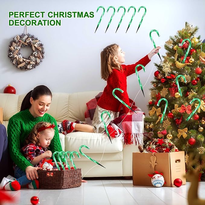 VCOKEN 10'' Christmas Candy Cane Pathway Markers Lights - Set of 10 Christmas Stakes Lights Outdoor Pathway Decorations, Connectable & Light Up Xmas Holiday Party Yard Indoor Outdoor Ornament, Green
