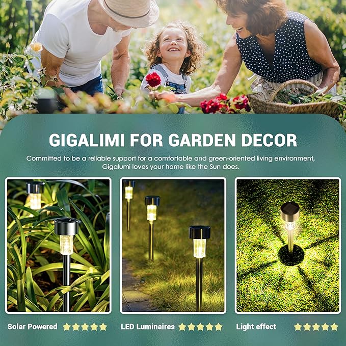 GIGALUMI Solar Lights Outdoor Waterproof, 12 Pack, Stainless Steel LED Solar Garden Lights for Patio, Lawn, Yard and Landscape, Garden Decor Patio Decor,Warm White