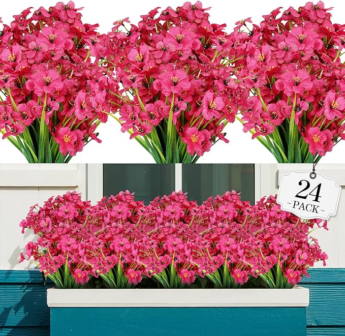 24 Bundles Artificial Flowers for Outdoor,No Fade Fake Plastic Flowers Faux Plants for Decoration Hanging Planters Indoor Outside Garden Porch Window Box Home Wedding Farmhouse