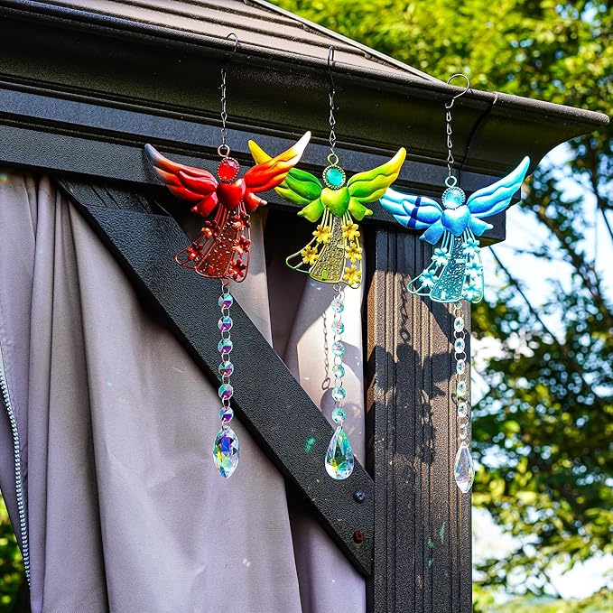 Set of 3 Guardian Angel Suncatchers, Crystal Angel Sun Catcher for Windows Hanging, Stained Glass Angel Ornament for Outdoor Christmas Decor