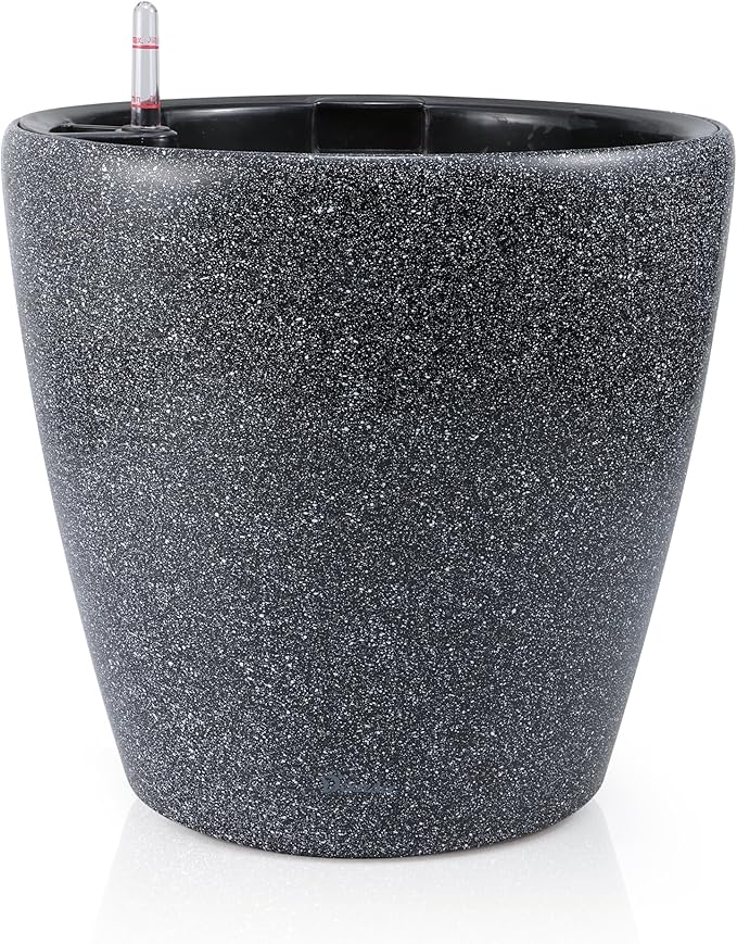 Dexceder 13x12 Self Watering Planter with Wheels Indoor Outdoor, Inner Pot Design, Thickened Large Floor Standing Flower Plant Pot with Water Level Indicator (Stone Matte)