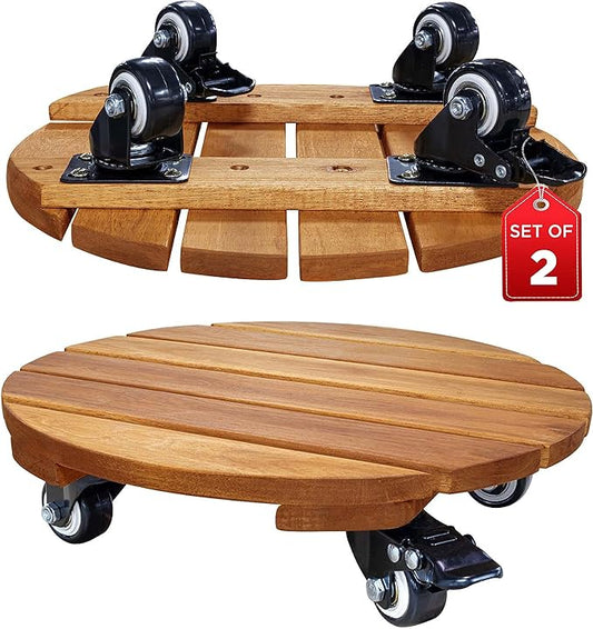 Idzo 2pack Wood Plant Caddy With Wheels Heavy Duty, 264 Lbs Capacity, 12 Inch Acacia Hardwood Plant Dolly, Plant Stand with 360° Lockable Wheels, Plant Caster for Heavy Objects Hauling - Natural Wood