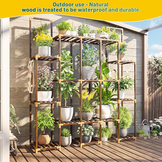 EnHomee Plant Stand Indoor Tall Plant Stand Outdoor Large Wood Plant Shelf Indoor for 20 Pots Plants,4-tiers Plant Holder for Patio Living Room Gardening Balcony 56.1" Wx47 Hx11.78 D