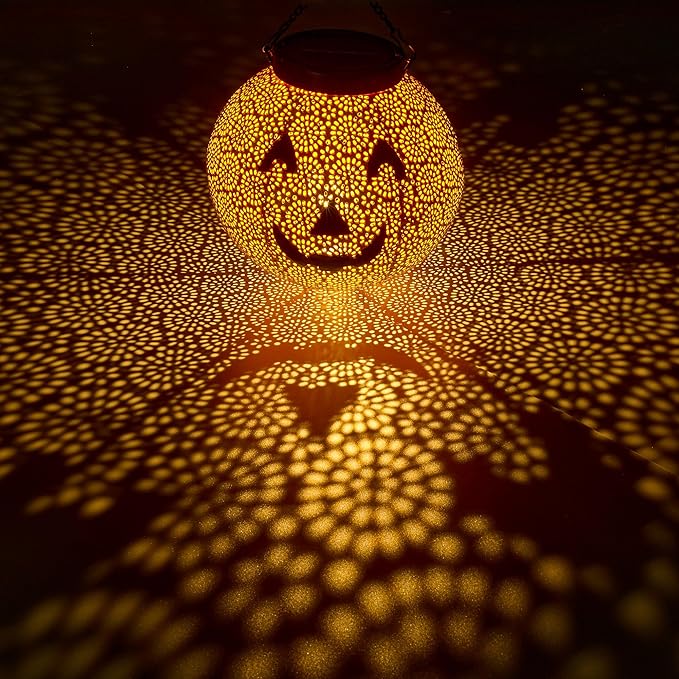 Halloween Solar Hanging Lights Outdoor - Solar Metal Halloween Lantern Decor, Solar Powered Led Waterproof Decorative Round Hanging Light for Garden, Yard, Patio, Pathway, Porch