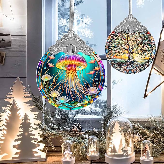 Stained Glass Suncatcher, Jocidea Jellyfish Ornament, Christmas Ornaments, Holidays Ornaments, Christmas Tree Decor, Jellyfish Decor for Home, Jellyfish Gifts