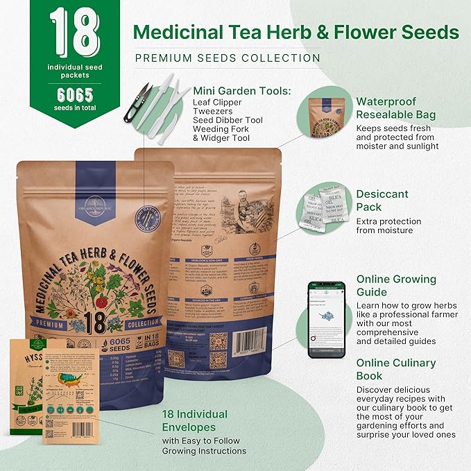 18 Medicinal Tea Herb & Flower Seeds Variety Pack - 6,100+ Non-GMO Heirloom Flower Seeds for Outdoor and Indoor Home Gardening, Including Anise, Borage, Catnip, Chamomile, Dandelion, Lavender, Sage