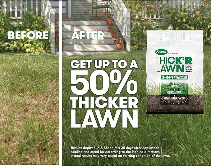 Scotts Turf Builder THICK'R LAWN Grass Seed, Fertilizer, and Soil Improver for Sun & Shade, 1,200 sq. ft., 12 lbs.