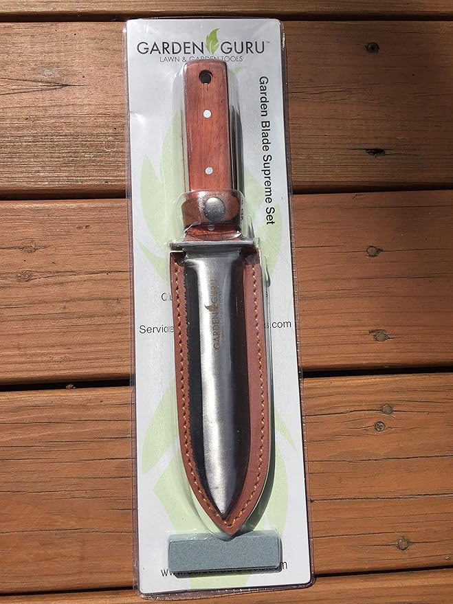 Garden Guru Hori Hori Garden Knife Supreme Set for Weeding, Digging, Pruning, and Cultivating - Stainless Steel Full Tang Blade | Marks for Measuring Planting Depth | Premium Leather Sheath