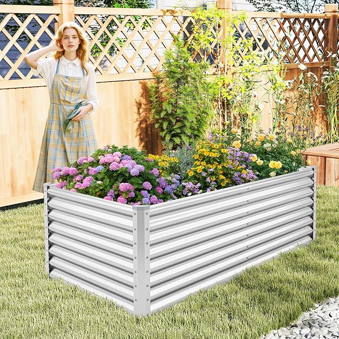 Giantex 6x3x2ft Raised Garden Bed, Large Metal Elevated Rectangular Planter Bed, 271 Gallon Capacity, Outdoor Planting Garden Box for Vegetable Flower Herb Grow (Silver)