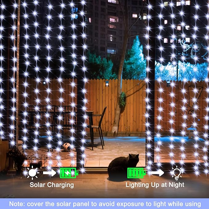 echosari Christmas Curtain Lights Solar Powered 7.9ft x 6ft 144 LED Outdoor Curtain Lights Waterproof with Timer 8 Modes for Christmas Garden Patio Fence Wedding Wall Window Gazebo Decor Cool White