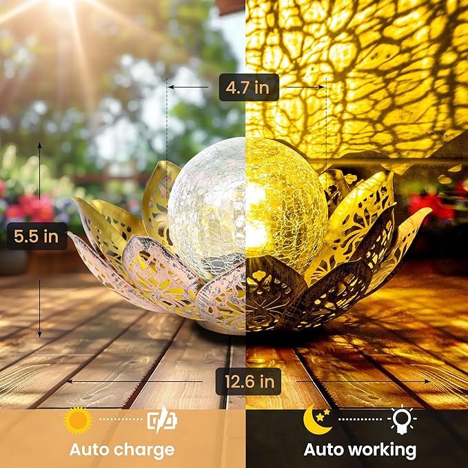 GIGALUMI Solar Lights Outdoor Garden Decor, Adjustable Metal Petal Lotus Flower Lights Crackle Globe Glass Lantern Outdoor Table Decor Waterproof for Patio, Lawn, Pathway, Pond, Christmas Gift