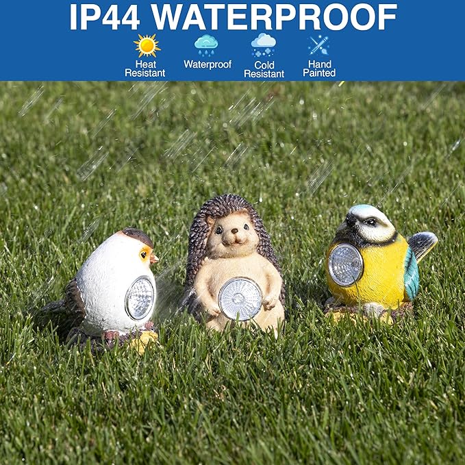 Outdoor Garden Solar Decor Light Set of 3 (2 Birds,1 Hedgehog) | Waterproof Solar Powered Lights for Yard, Patio & Walkway | Energy-Efficient & Weatherproof Garden Decor