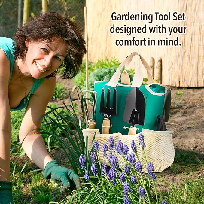 Garden Tools Set – Gardening Tools Organizer Handbag – Rust Proof, Heavy Duty, Ergonomic & Durable Tool Bag Kit – Gardening Gifts for Women & Men – Garden Tool Organizer Tote Bag with 10 Pieces Set