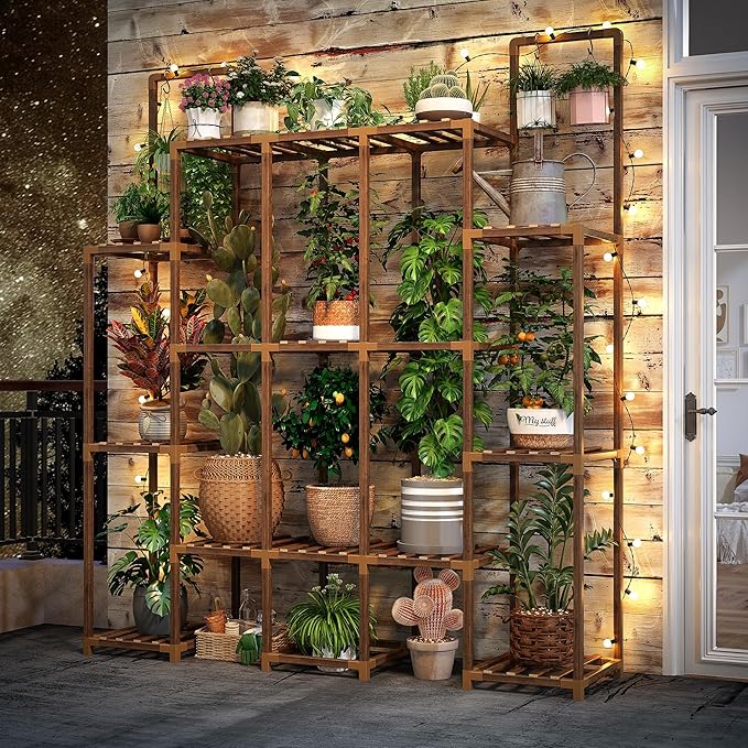 EnHomee Plant Stand Indoor for Multiple Plants with 13 Potted & Double Rod for Hanging Plant Shelf Load-Bearing 570 LBS Wood Plants Shelves 56''W*11.6''D*47''H Transformable