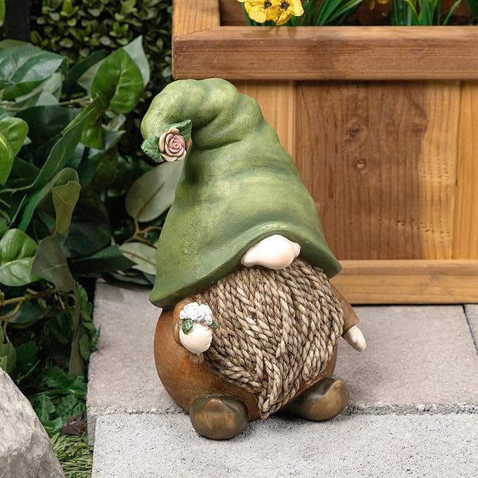 Alpine Corporation QWR1442 Gnome with Green Hat Holding a Flower, Playful Décor for Garden, Patio, & Lawn, 10" H, Multicolor
