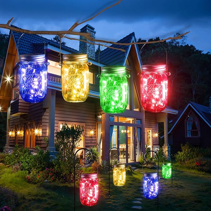 Solar Mason Jar Lights [Updated], 8 Pack 20 LED Waterproof Fairy Firefly Jar Lids String Lights with Hangers(NO Jars), Patio Yard Garden Wedding Decoration - Multi-Colored