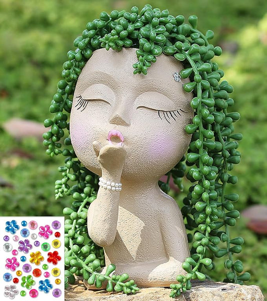 Cute Head Planter Pot/Face Planters for Indoor Plants,with Drainage Hole,Girl Face Flower Pot Cute Lady Head Planters Pot for Indoor Outdoor Plants,Cute Resin Succulent Planter (Khaki)