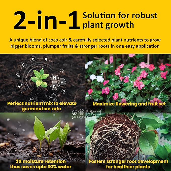 Gro-Med Coco Coir Brick 2s Pack – 1.4 lb Each,Expands to 20 Quarts, Enriched with NPK, Organic Potting Soil Mix for Plants, Seed Starting,Herbs,Flowers and Ideal Reptile Bedding for Snakes & Terrarium