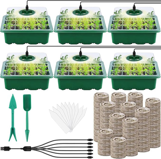 6 Pack Seed Starter Tray Kit with Grow Light and Humidity Dome Germination Trays with 72 Peat Pellets, Plant Labels, Gardening Tools, Plant Growing Trays for Seeds Growing Starting, Green