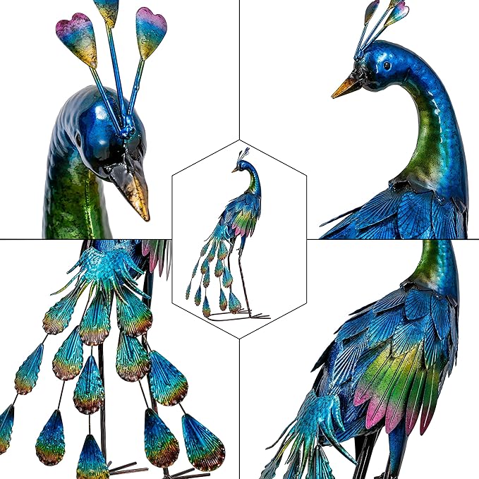 TERESA'S Collections Outdoor Decor Peacock Yard Art Garden Sculptures & Statues,Blue Small Metal Bird Lawn Ornaments,22.4" Outside Mardi Gras Decorations for Porch,Patio,Pond Decor,Gifts for Mom