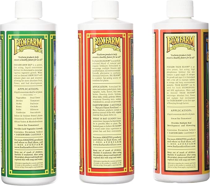 Fox Farm Liquid Nutrient Soil Trio- Pints: Big Bloom, Grow Big, Tiger Bloom (Pack of 3-16 oz. Bottles)