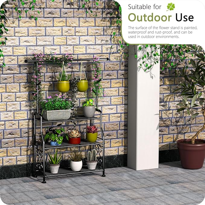 GIOTORENT Plant Stand Indoor Outdoor, 3-Tier Heavy Duty Metal Shelves, Display up to 14 Multiple Plants, Tall Plant Holder with Plant Hanger, Suit for Patio Living Room Garden Balcony, 5 Hooks, Black