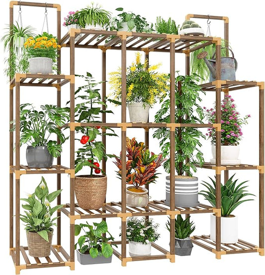 EnHomee Plant Stand Indoor for Multiple Plants with 13 Potted & Double Rod for Hanging Plant Shelf Load-Bearing 570 LBS Wood Plants Shelves 56''W*11.6''D*47''H Transformable