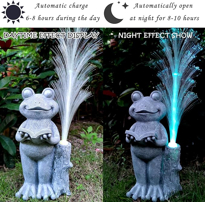 Frog Statue Solar Garden Decor,Resin Frog Statues and Colour Changing Optical Fiber Solar Lights,Outdoor Decoration for Balcony, Garden, Patio, Yard, Lawn,Gifts for Mom Grandma