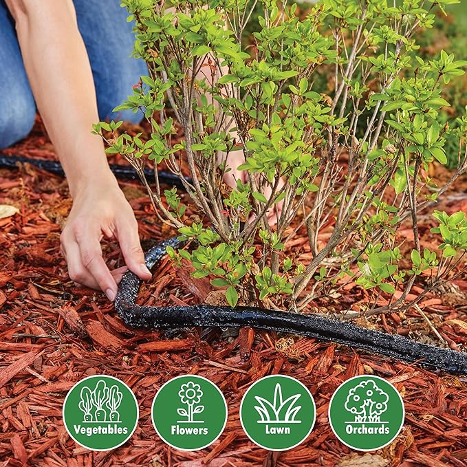 Gilmour 25' Black Flat Weeper Soaker Hose for Garden Beds, Drip Irrigation Outdoor Hose, Flexible Garden Hose for Vegetable Gardens, Flower Beds, Lawns, and Orchards