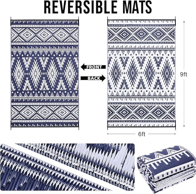 OLANLY Outdoor Rug Waterproof 6x9 ft, Reversible Outdoor Plastic Straw Rug, Boho Patio Rug, Indoor Outdoor Carpet, RV Mat Outside for Patio, Camp, Picnic, Balcony, Deck, Backyard, Navy & White