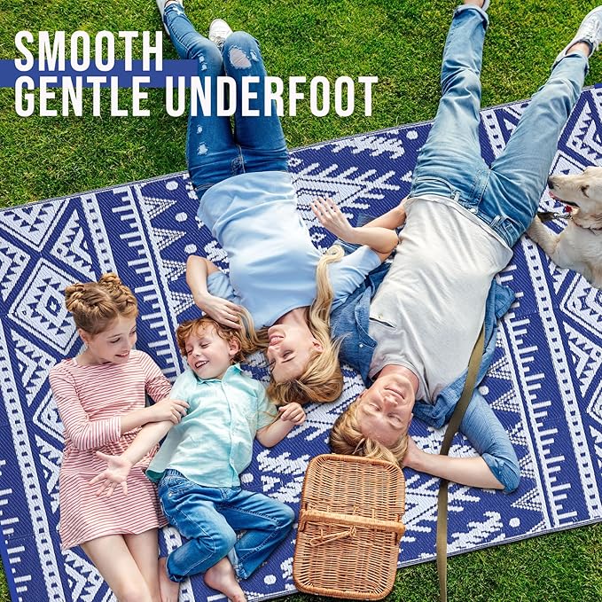 OLANLY Outdoor Rug Waterproof 6x9 ft, Reversible Outdoor Plastic Straw Rug, Boho Patio Rug, Indoor Outdoor Carpet, RV Mat Outside for Patio, Camp, Picnic, Balcony, Deck, Backyard, Blue & White