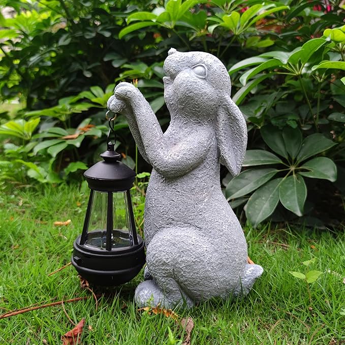 Rabbit Solar Garden Statues,Resin Rabbit Figurine Decorations with Solar Lights Lantern, Outdoor Figurines Lawn Garden Statue Decor Art for Lawn,Yard, Balcony Ornament.