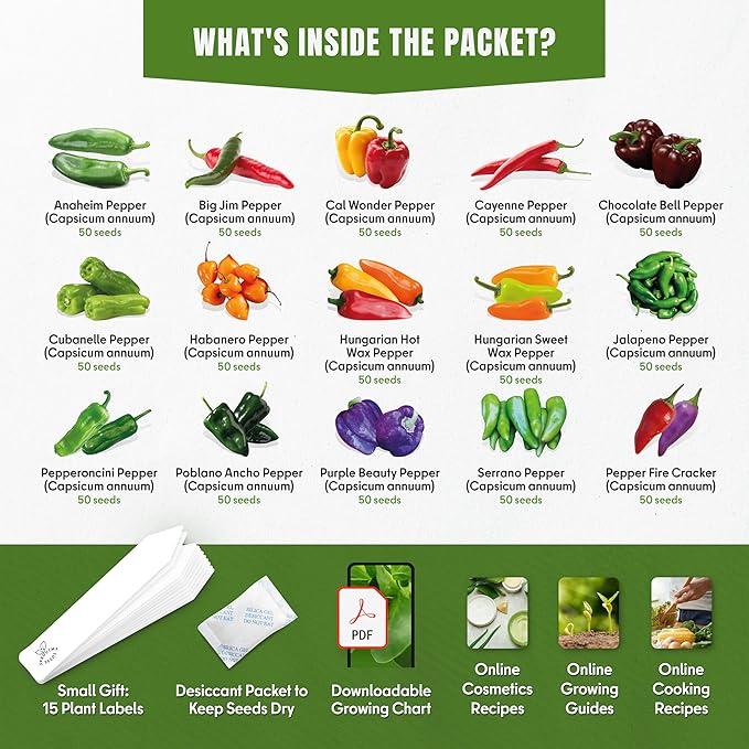 15 Sweet & Hot Pepper Seeds Vegetable Variety Pack Home Garden Kit Plant Markers 750+ Non-GMO Heirloom Indoor Hydroponic Outdoors Planting Cayenne Banana Habanero Jalapeno Cubanelle Bell Rare Peppers