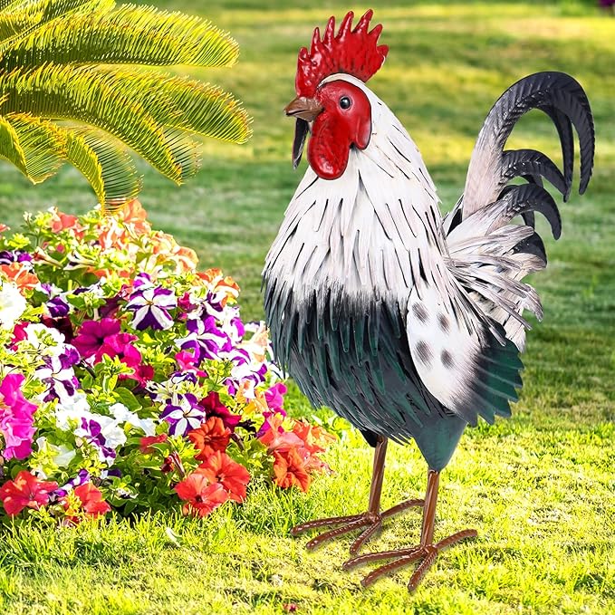 Rooster Garden Statue Sculpture Metal Chicken Yard Decor Outdoor Figurines Patio Backyard Decoration