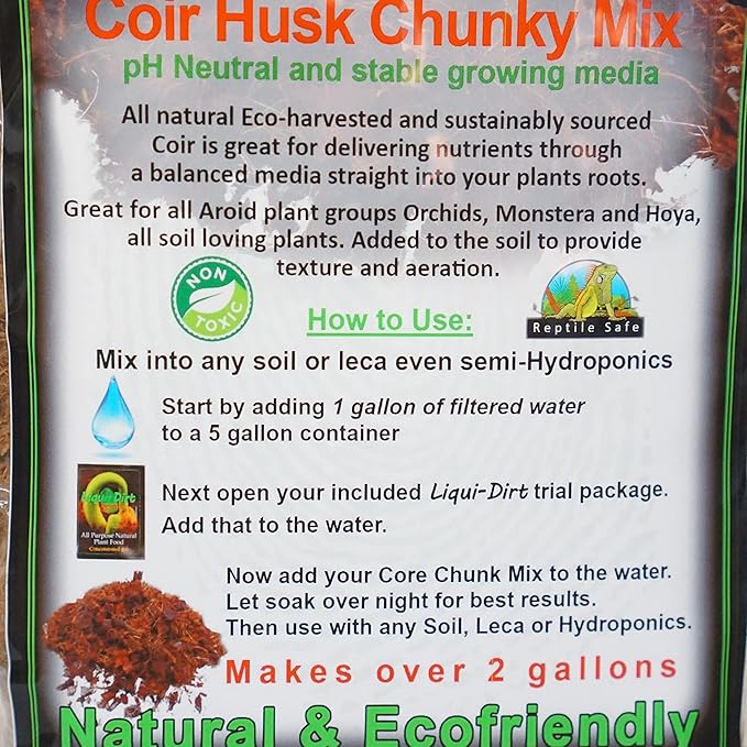 Liqui-Dirt Coconut Coco Coir Husk Chunky Mix for All Plants 1.3 lb - Plus Bonus Liqui-Dirt Starter Concentrate Gel Packet with All The Food They Need - Hydrates Approx 2 Gallons