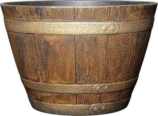Classic Home and Garden Whiskey Plastic Resin Flower Pot Barrel Planter, Oak Brown, 15"