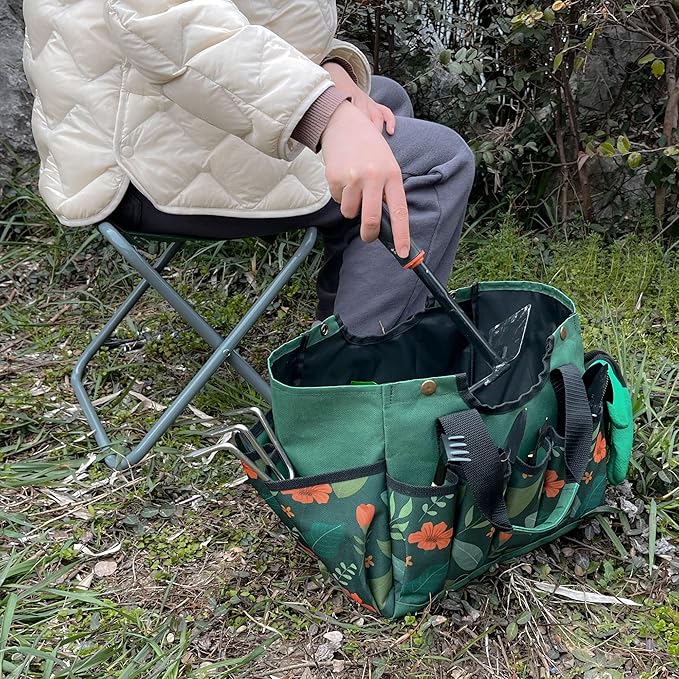 Folding Gardening Stool with Detachable Storage Tote Bag, Multifunctional Gardening Tools Set Organizer for Fishing and Camping,Portable Garden Chair Seat for Adults (Green Flower)