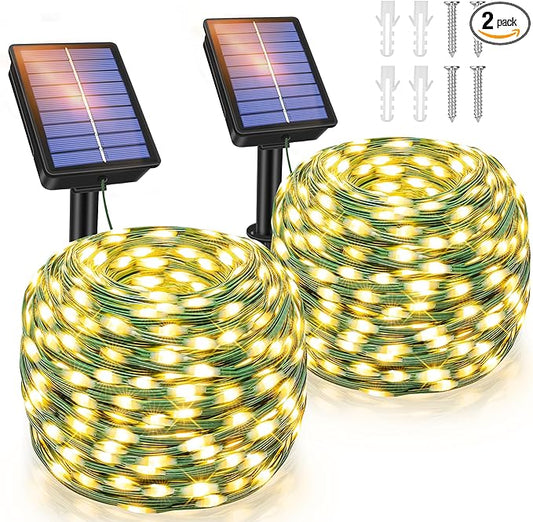 Ollny Solar String Lights Outdoor, 2 Pack Total 198FT 600LED Solar Fairy Lights, 8 Modes IP67 Waterproof for Outside Yard Garden Patio Xmas Party, Warm White