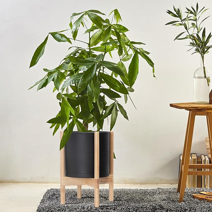 D'vine Dev Planter Pot with Stand - 10 Inch Plastic Cylinder Flower Pot with Wood Planter Holder for Indoor, Matte Black Pot + Natural Stand, 55-C-M-2