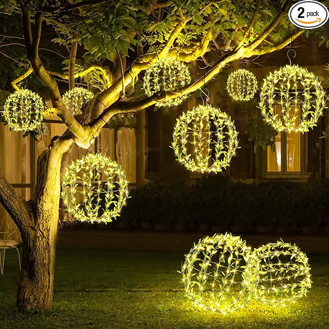 Joomer Solar Hanging Lights Outdoor, 2 Pack 12in 120 LED Solar Globe Lights, 8 Modes Waterproof Foldable Metal Sphere Light with Hook for Garden Yard Porch Decor-Warm White (Ball with Green Leaf)